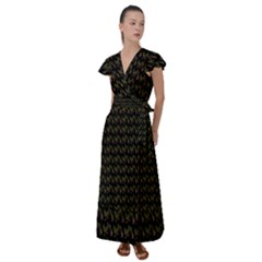 Fern Pattern 2 Black Flutter Sleeve Maxi Dress by violetheavensky