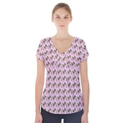 Fern Pattern 2 Pink Short Sleeve Front Detail Top by violetheavensky