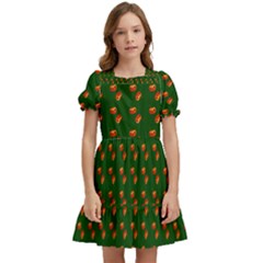 Kawaii Pumpkin Patt Green Kids  Puff Sleeved Dress by violetheavensky