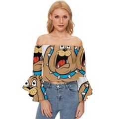 Bulldog-cartoon-illustration-11650862 Off Shoulder Flutter Bell Sleeve Top by jellybeansanddinosaurs