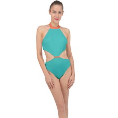 Halter Side Cut Swimsuit In Cascade & Coral Rose by HWDesign