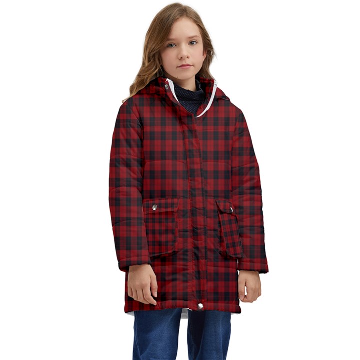 Tartan Red Kid s Hooded Longline Puffer Jacket