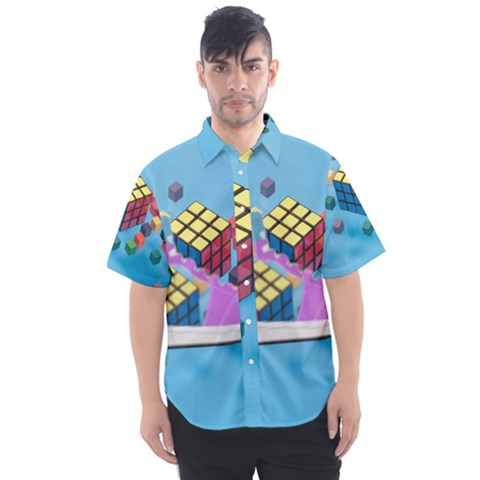 Floating-cubes-on-blue Backgrounderaser 20220422 203144521 Backgrounderaser 20220422 203216276 Men s Short Sleeve Shirt by marthatravis1968