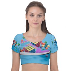 Floating-cubes-on-blue Backgrounderaser 20220422 203144521 Backgrounderaser 20220422 203216276 Velvet Short Sleeve Crop Top  by marthatravis1968