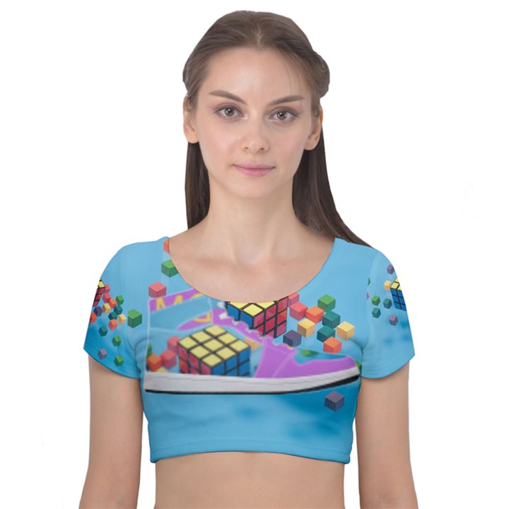 Floating-cubes-on-blue Backgrounderaser 20220422 203144521 Backgrounderaser 20220422 203216276 Velvet Short Sleeve Crop Top 