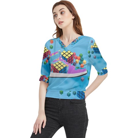 Floating-cubes-on-blue Backgrounderaser 20220422 203144521 Backgrounderaser 20220422 203216276 Quarter Sleeve Blouse by marthatravis1968