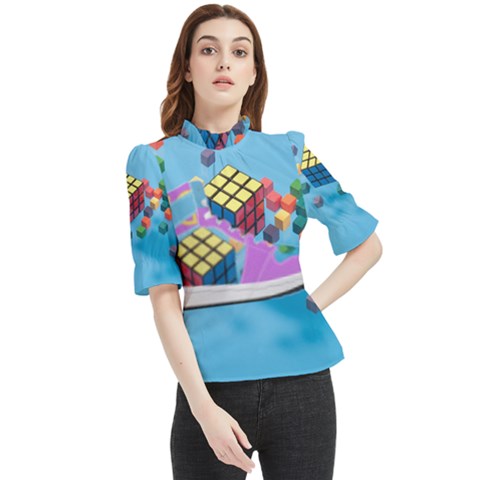 Floating-cubes-on-blue Backgrounderaser 20220422 203144521 Backgrounderaser 20220422 203216276 Frill Neck Blouse by marthatravis1968