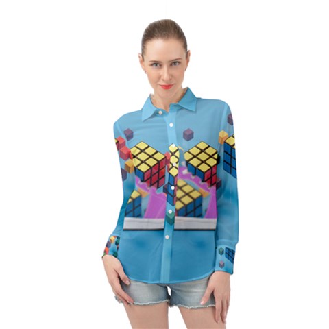 Floating-cubes-on-blue Backgrounderaser 20220422 203144521 Backgrounderaser 20220422 203216276 Long Sleeve Chiffon Shirt by marthatravis1968