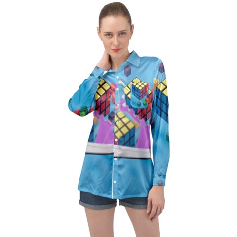 Floating-cubes-on-blue Backgrounderaser 20220422 203144521 Backgrounderaser 20220422 203216276 Long Sleeve Satin Shirt by marthatravis1968