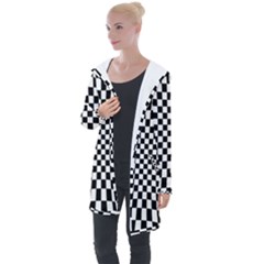 Illusion Checkerboard Black And White Pattern Longline Hooded Cardigan by Nexatart