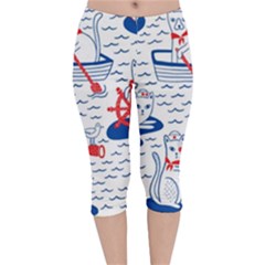 Nautical Cats Seamless Pattern Velvet Capri Leggings  by Jancukart