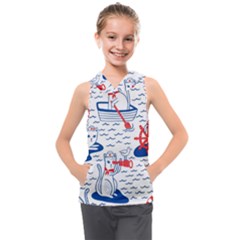 Nautical Cats Seamless Pattern Kids  Sleeveless Hoodie by Jancukart