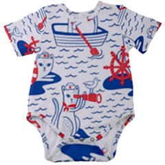 Nautical Cats Seamless Pattern Baby Short Sleeve Onesie Bodysuit by Jancukart