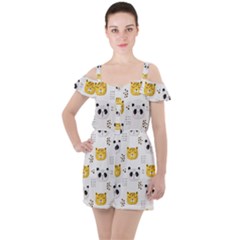 Seamless Pattern Cute Animals Ruffle Cut Out Chiffon Playsuit by Jancukart