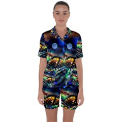 Peacock Feather Drop Satin Short Sleeve Pajamas Set by artworkshop