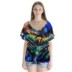 Peacock Feather Drop V-neck Flutter Sleeve Top by artworkshop