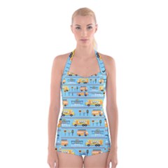 Buses-cartoon-pattern-vector Boyleg Halter Swimsuit  by Jancukart