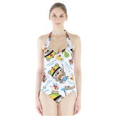 Vector-seamless-pattern-cute-fishing-animals-cartoon Halter Swimsuit by Jancukart