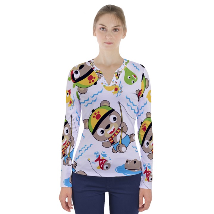 Vector-seamless-pattern-cute-fishing-animals-cartoon V-Neck Long Sleeve Top