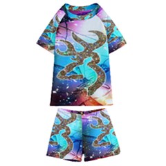 Browning Deer Glitter Galaxy Kids  Swim Tee And Shorts Set by artworkshop