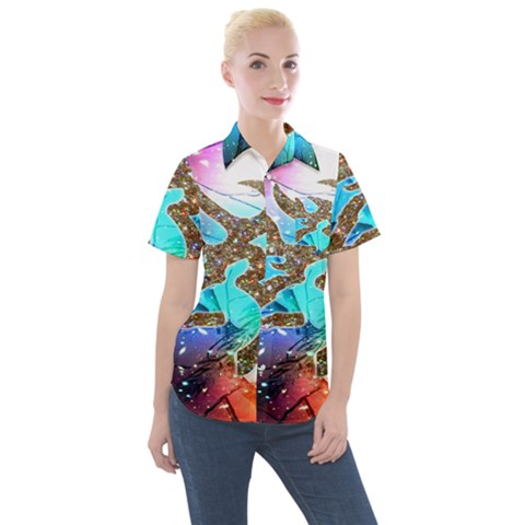 Browning Deer Glitter Galaxy Women s Short Sleeve Pocket Shirt by artworkshop