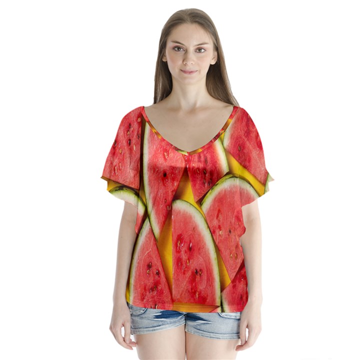 Watermelon V-Neck Flutter Sleeve Top