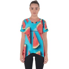 Watermelon Blue Background Cut Out Side Drop Tee by artworkshop