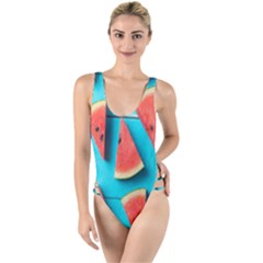 Watermelon Blue Background High Leg Strappy Swimsuit by artworkshop