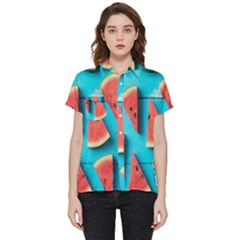 Watermelon Blue Background Short Sleeve Pocket Shirt by artworkshop