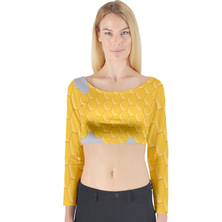 Hexagons Yellow Honeycomb Hive Bee Hive Pattern Long Sleeve Crop Top