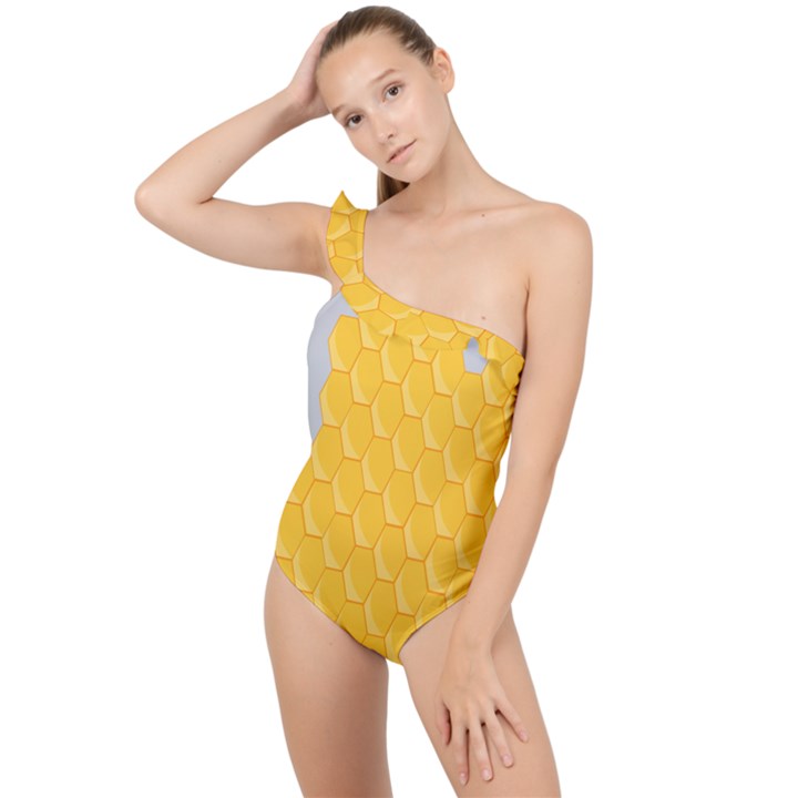 Hexagons Yellow Honeycomb Hive Bee Hive Pattern Frilly One Shoulder Swimsuit