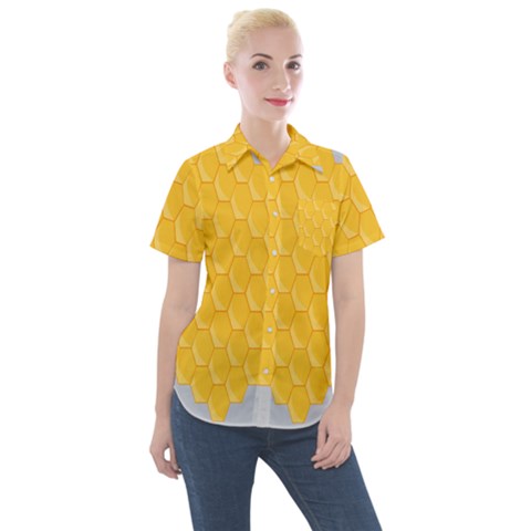 Hexagons Yellow Honeycomb Hive Bee Hive Pattern Women s Short Sleeve Pocket Shirt by artworkshop