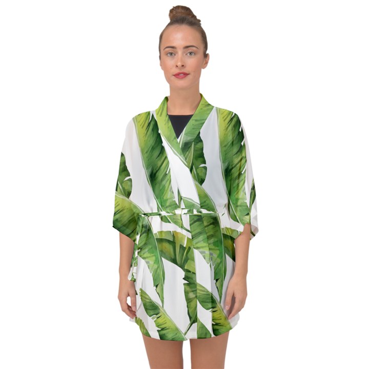 Sheets Tropical Plant Palm Summer Exotic Half Sleeve Chiffon Kimono