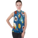 Seamless-pattern-vector-with-spacecraft-funny-animals-astronaut Mock Neck Chiffon Sleeveless Top View1