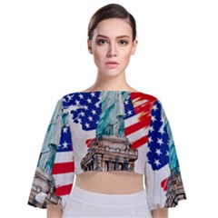 Statue Of Liberty Independence Day Poster Art Tie Back Butterfly Sleeve Chiffon Top by Jancukart