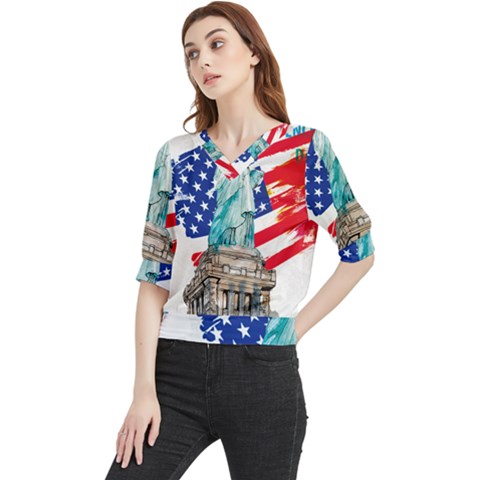 Statue Of Liberty Independence Day Poster Art Quarter Sleeve Blouse by Jancukart