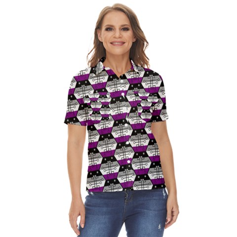 Hackers Town Void Mantis Hexagon Asexual Ace Pride Flag Women s Short Sleeve Double Pocket Shirt by WetdryvacsLair