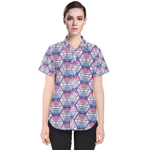 Hackers Town Void Mantis Hexagon Bigender Seven 7 Stripe Pride Flag Women s Short Sleeve Shirt by WetdryvacsLair