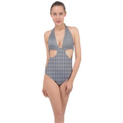 Small Soot Black And White Handpainted Houndstooth Check Watercolor Pattern Halter Front Plunge Swimsuit by PodArtist