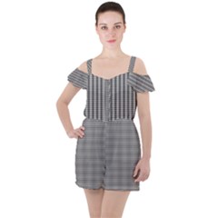 Small Soot Black And White Handpainted Houndstooth Check Watercolor Pattern Ruffle Cut Out Chiffon Playsuit by PodArtist