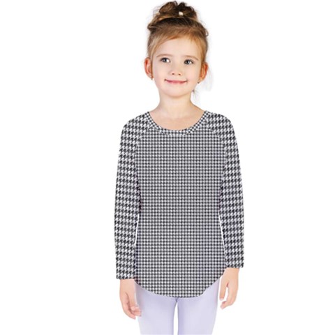 Soot Black And White Handpainted Houndstooth Check Watercolor Pattern Kids  Long Sleeve Tee by PodArtist