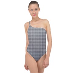 Soot Black And White Handpainted Houndstooth Check Watercolor Pattern Classic One Shoulder Swimsuit by PodArtist