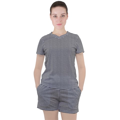 Soot Black And White Handpainted Houndstooth Check Watercolor Pattern Women s Tee And Shorts Set by PodArtist