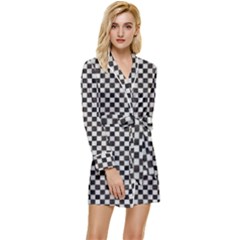 Black And White Watercolored Checkerboard Chess Long Sleeve Satin Robe by PodArtist