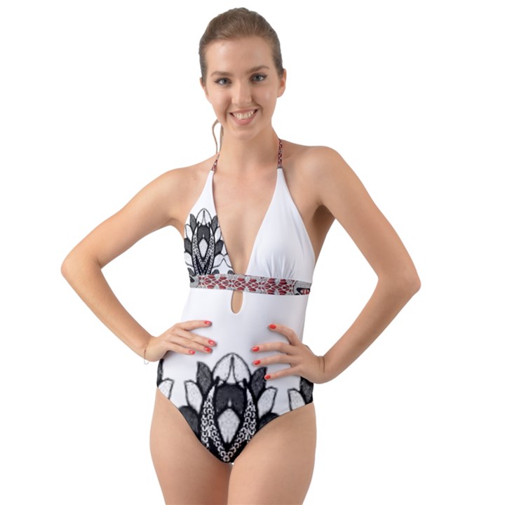 IM Fourth Dimension Black White Halter Cut-Out One Piece Swimsuit