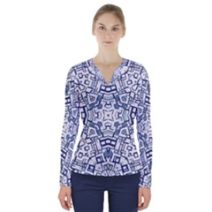 Blue-design V-neck Long Sleeve Top by nateshop