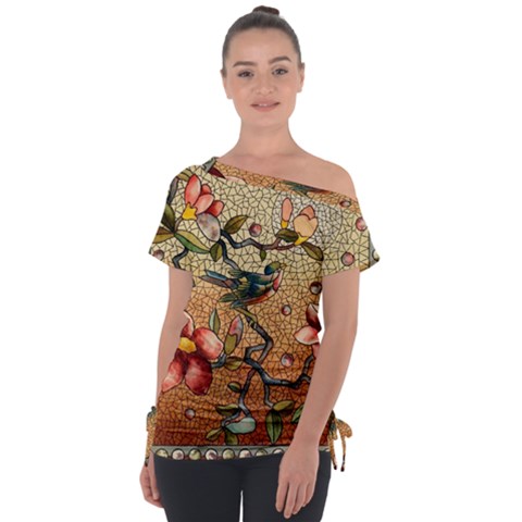 Flower Cubism Mosaic Vintage Off Shoulder Tie-up Tee by Sapixe