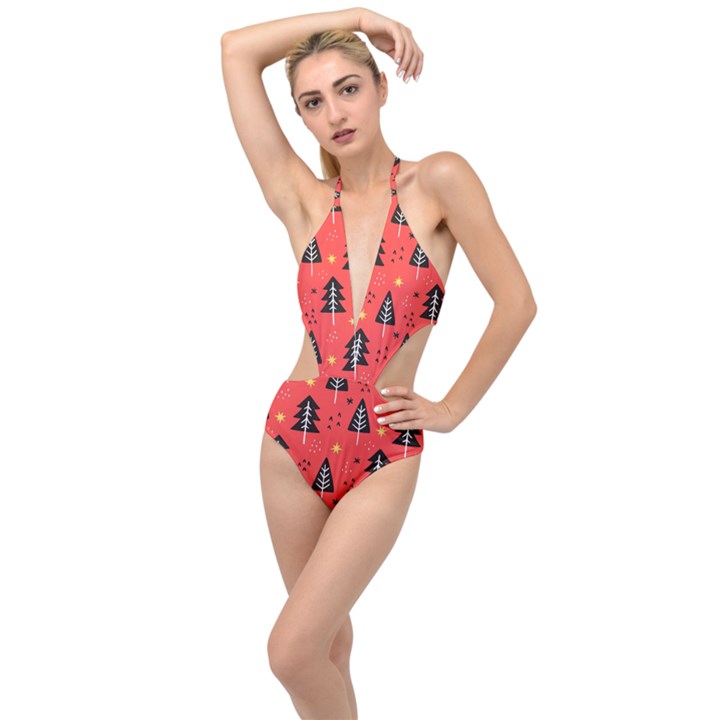 Christmas Christmas Tree Pattern Plunging Cut Out Swimsuit