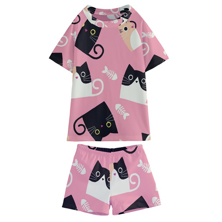 Cat Pattern Backgroundpet Kids  Swim Tee and Shorts Set