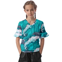 Sea Waves Seamless Pattern Kids  V-neck Horn Sleeve Blouse by Wegoenart